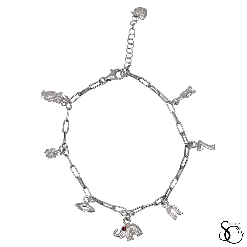 925 Sterling Silver Fancy Paperclip Owl Sunflower Evil Eye Elephant Horseshoe Lucky 7 Bracelet