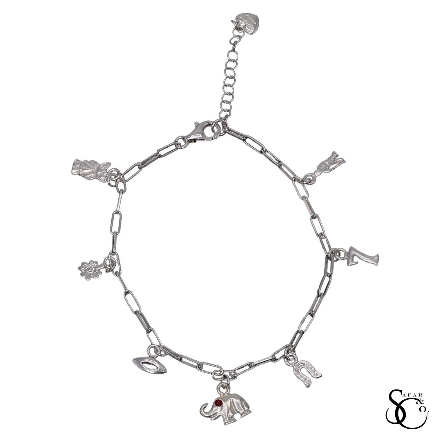 925 Sterling Silver Fancy Paperclip Owl Sunflower Evil Eye Elephant Horseshoe Lucky 7 Bracelet