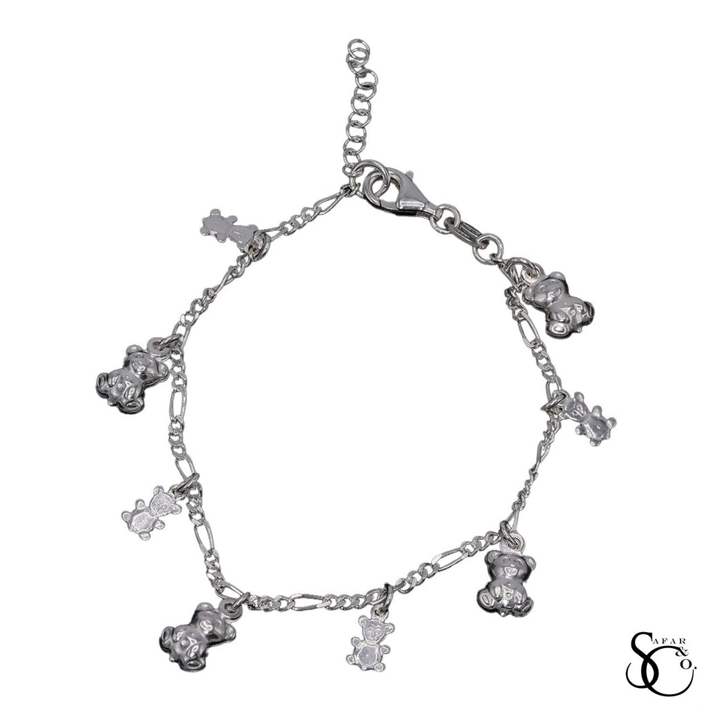925 Sterling Silver Fancy Figaro Teddy Bear Bracelet