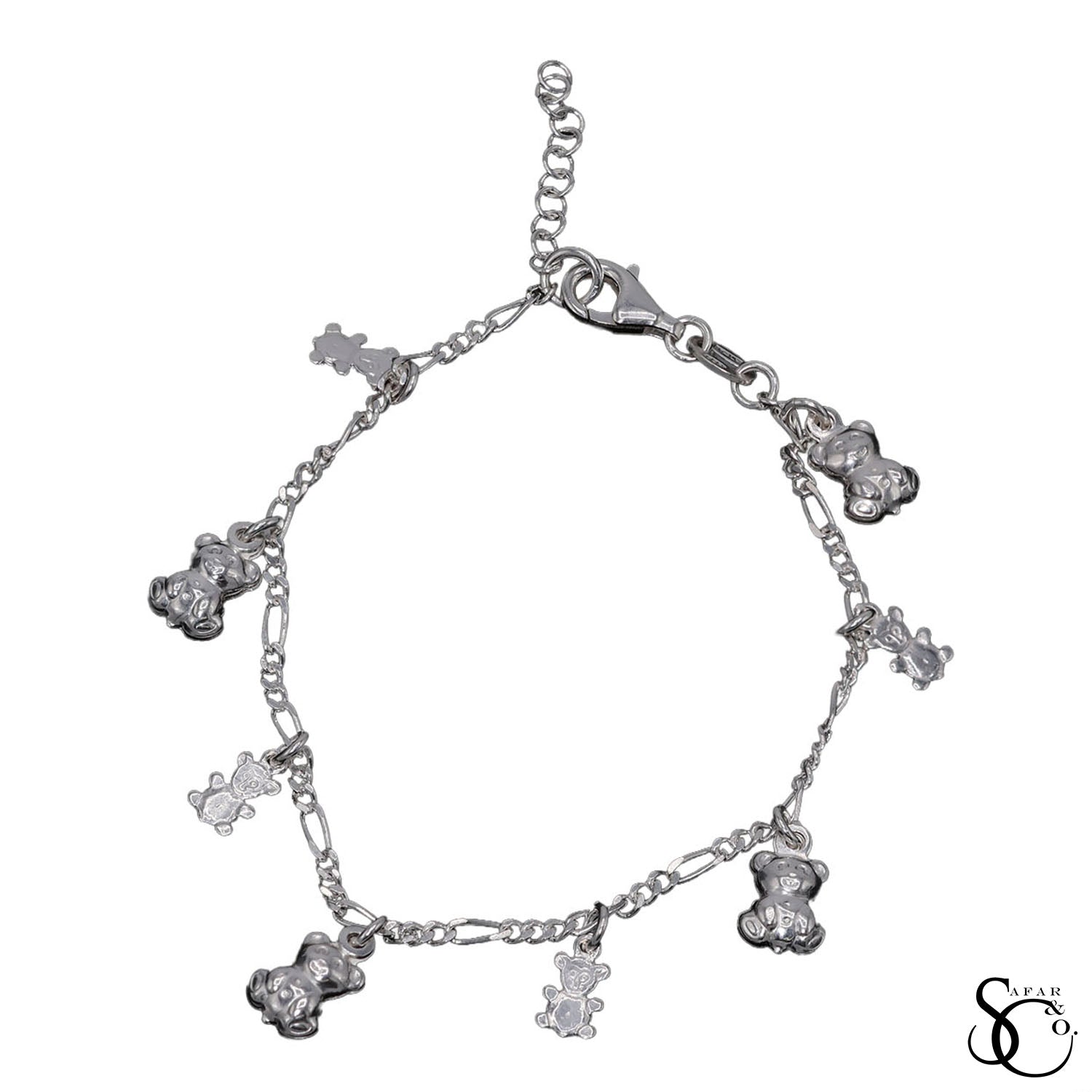 925 Sterling Silver Fancy Figaro Teddy Bear Bracelet