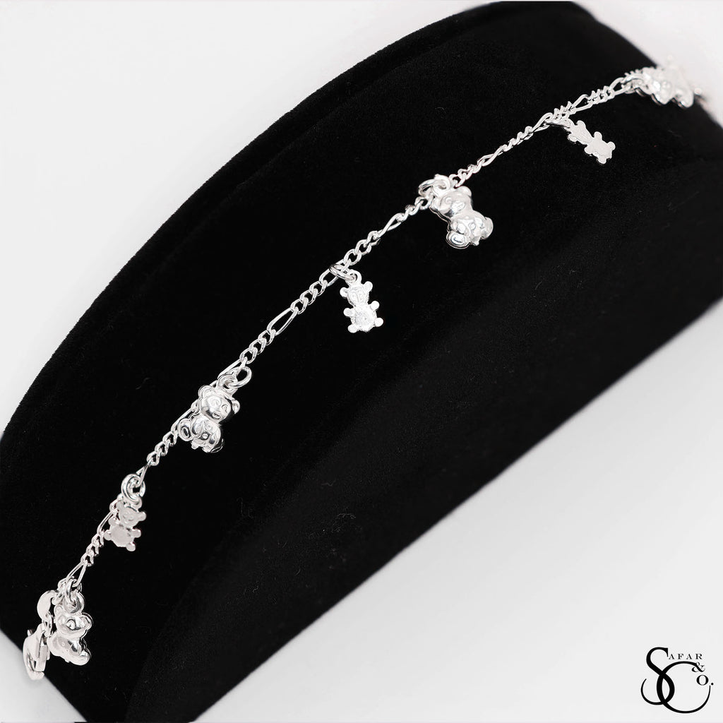 925 Sterling Silver Fancy Figaro Teddy Bear Bracelet