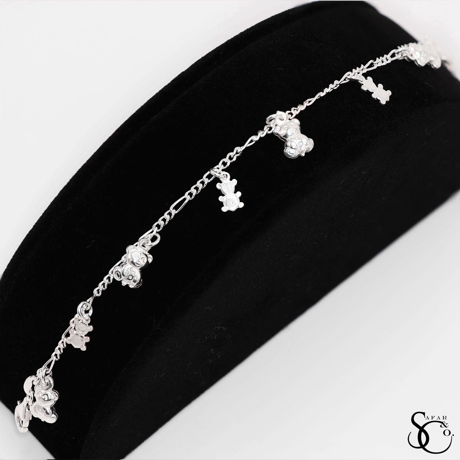 925 Sterling Silver Fancy Figaro Teddy Bear Bracelet
