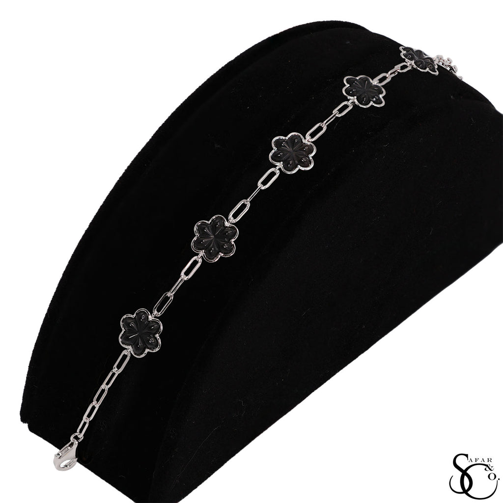 925 Sterling Silver Black Paperclip Flower Bracelet