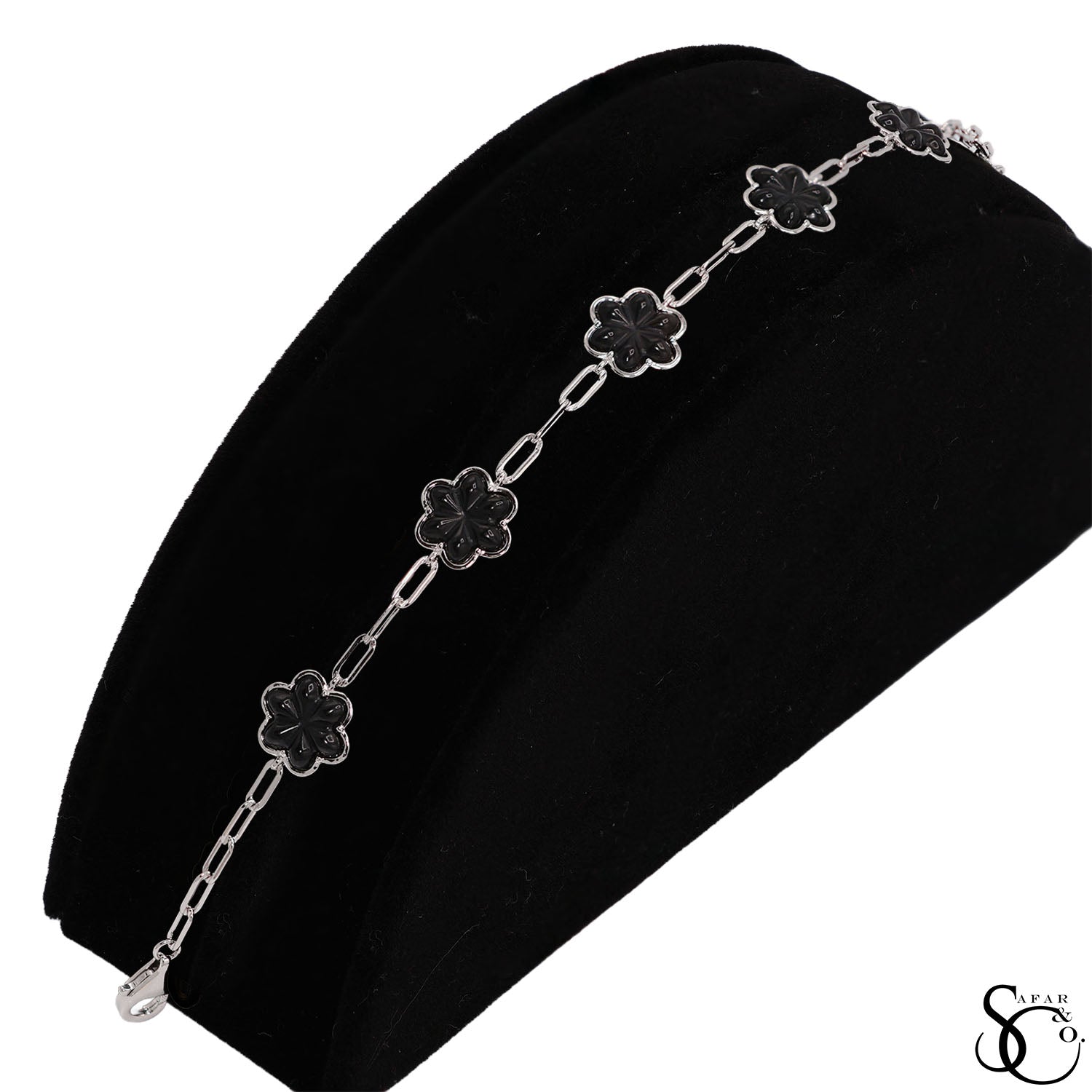 925 Sterling Silver Black Paperclip Flower Bracelet