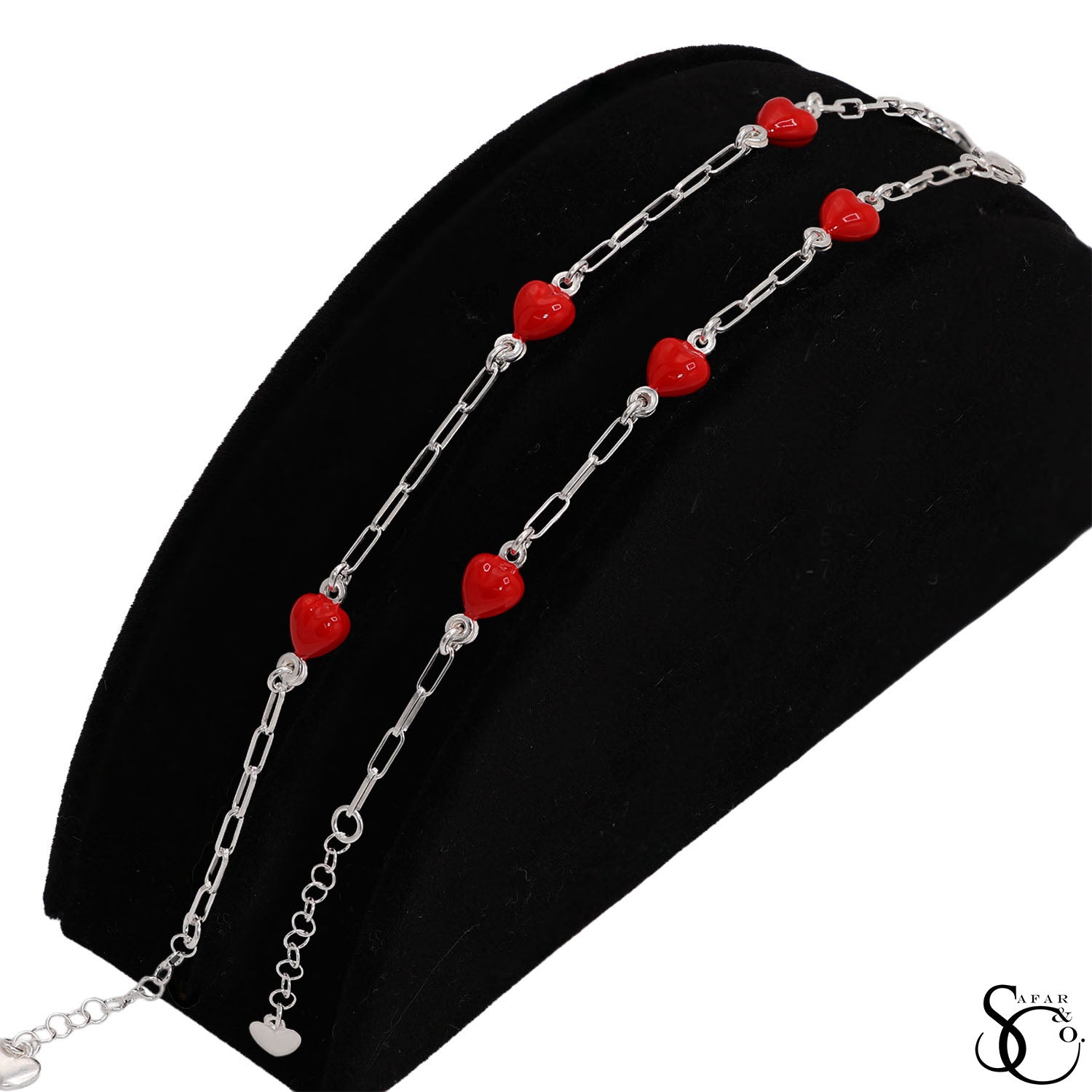 925 Sterling Silver Paper Clip Red Heart Drop Earrings Bracelet Anklet Set