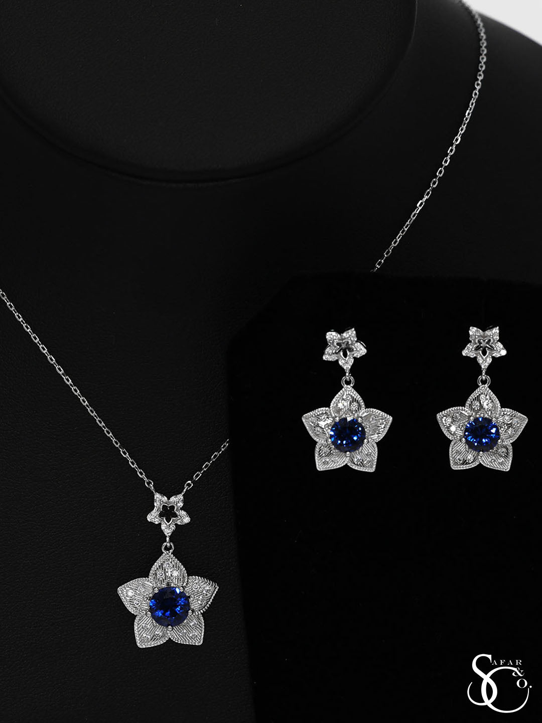 925 Sterling Silver Flower Necklace Earrings Set