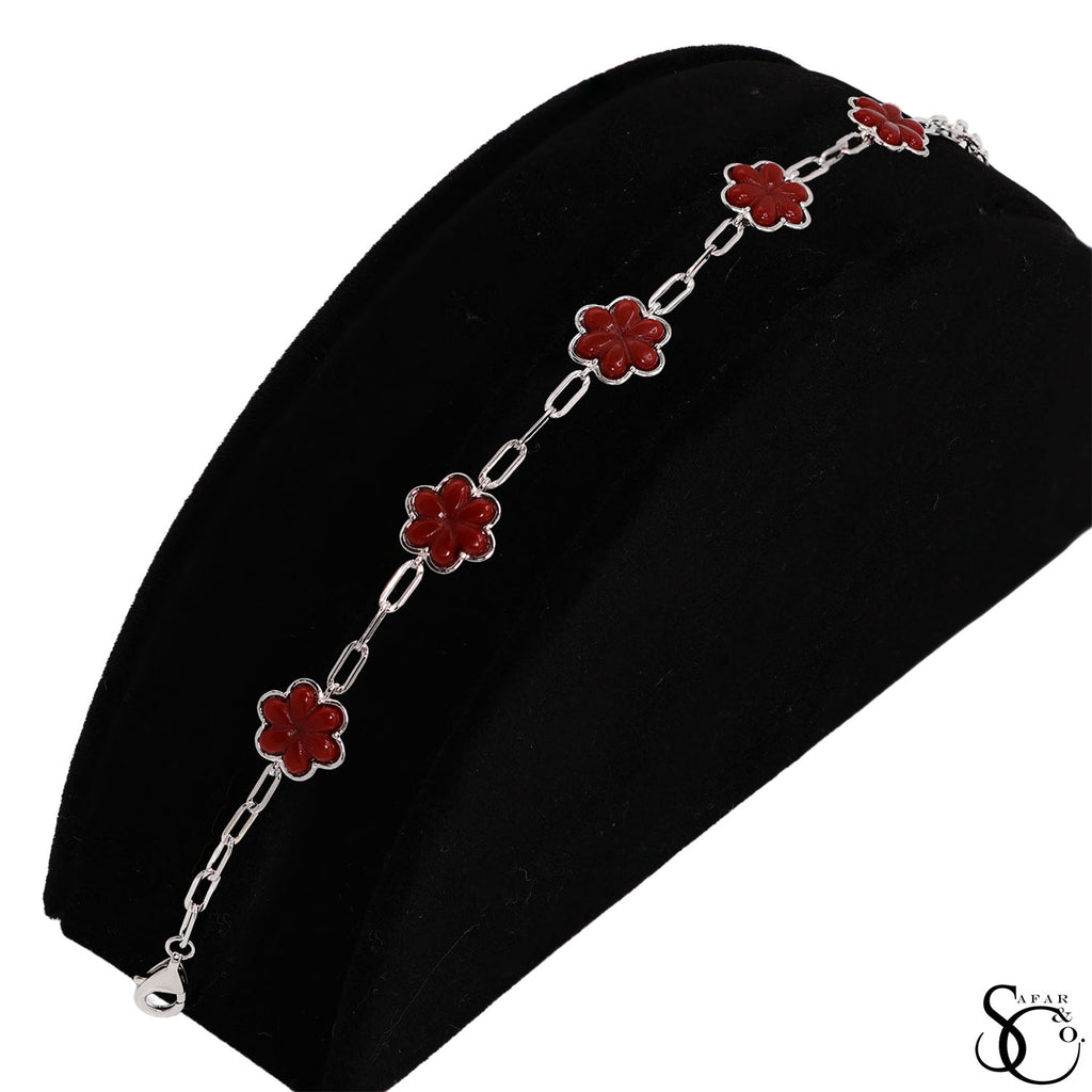 925 Sterling Silver Red Paperclip Flower Bracelet
