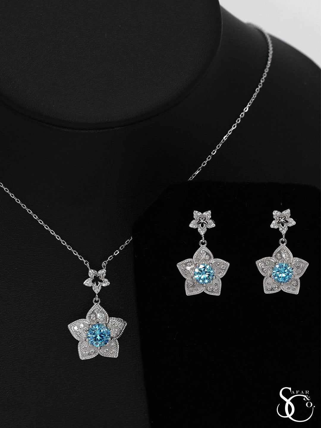 925 Sterling Silver Flower Necklace Earrings Set
