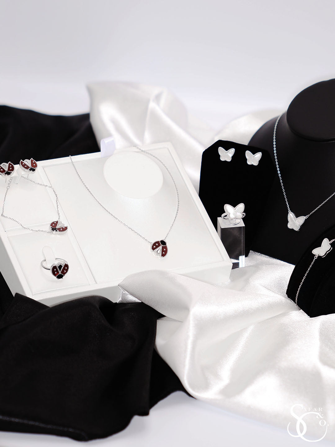 925 Sterling Silver Butterfly & Ladybug Necklace Bracelet Earrings Ring Set