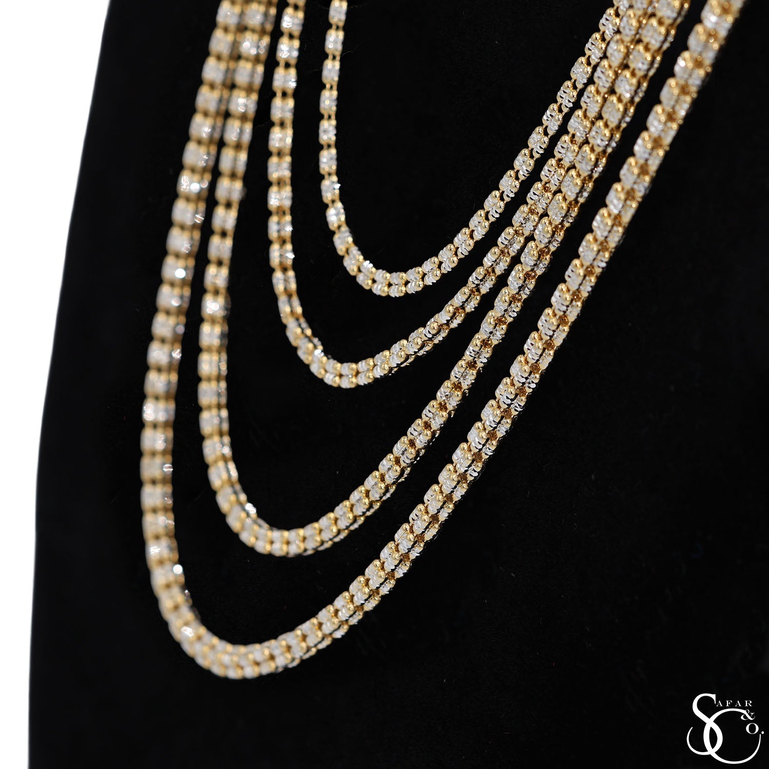 925 Sterling Silver Two Tone Gold Plated 3.5mm 4 Strand Diamond Cut Ice Chain