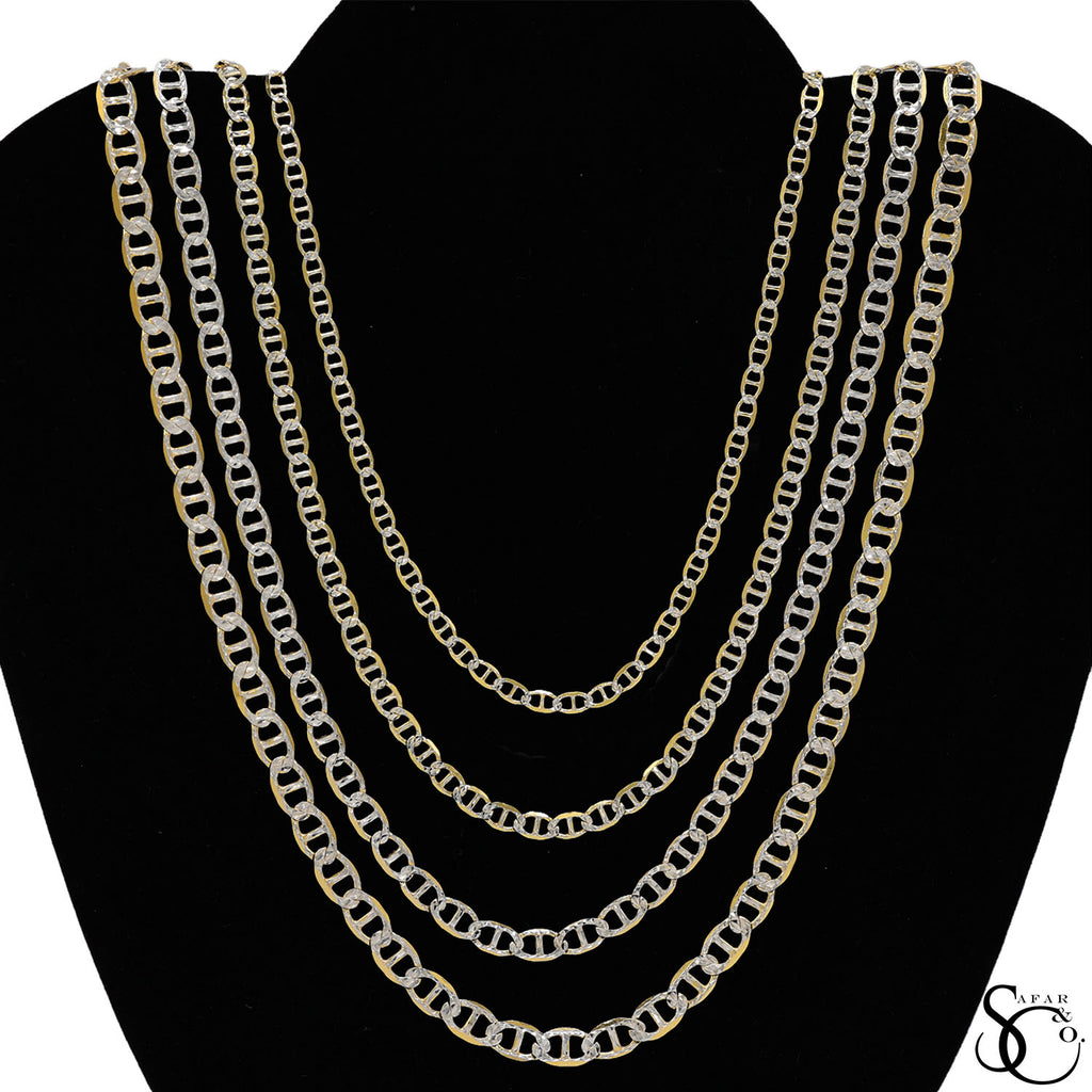925 Sterling Silver Two Tone Gold Plated 4.3mm Flat Pave Mariner Chain