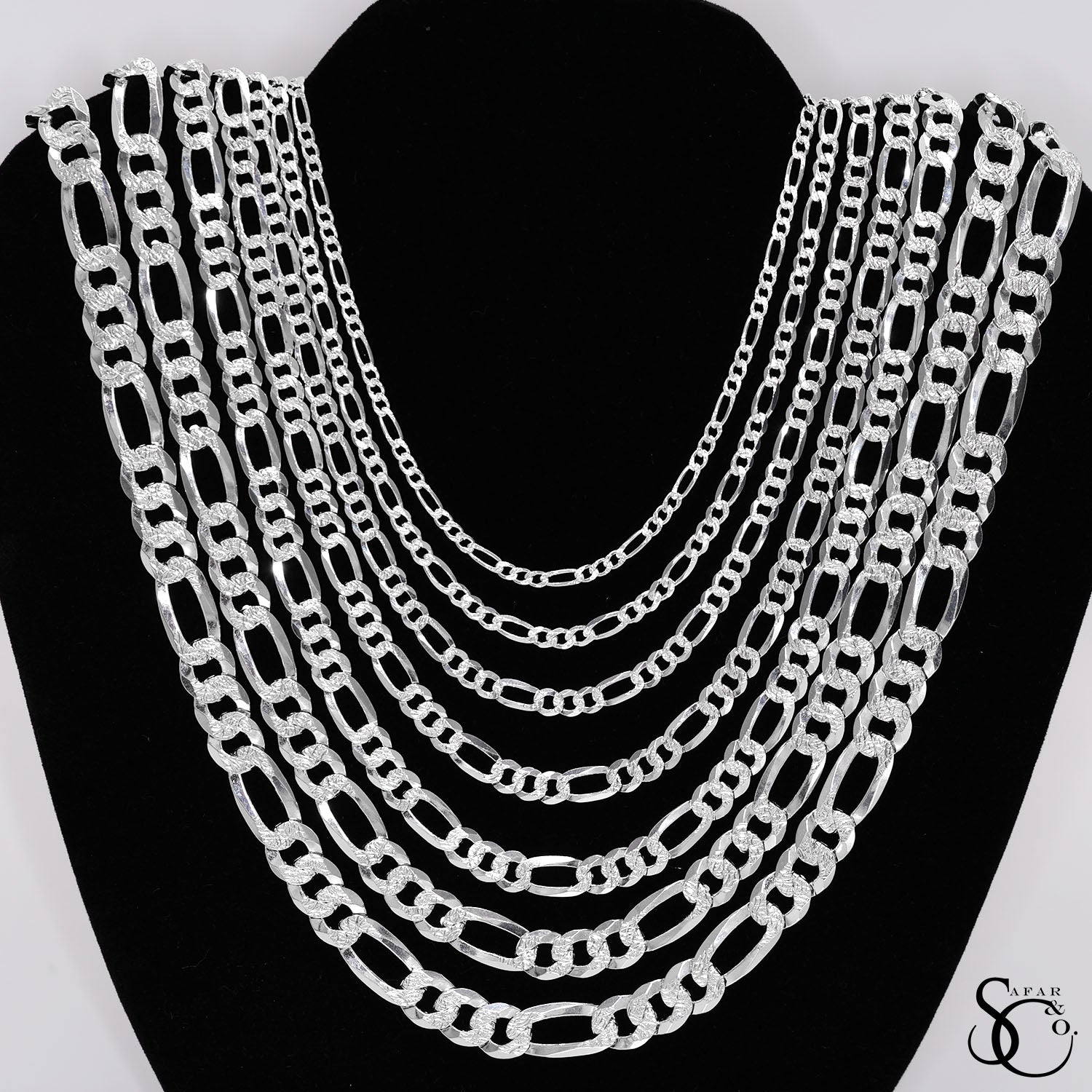 925 Sterling Silver 100 Pave Flat Figaro Chain
