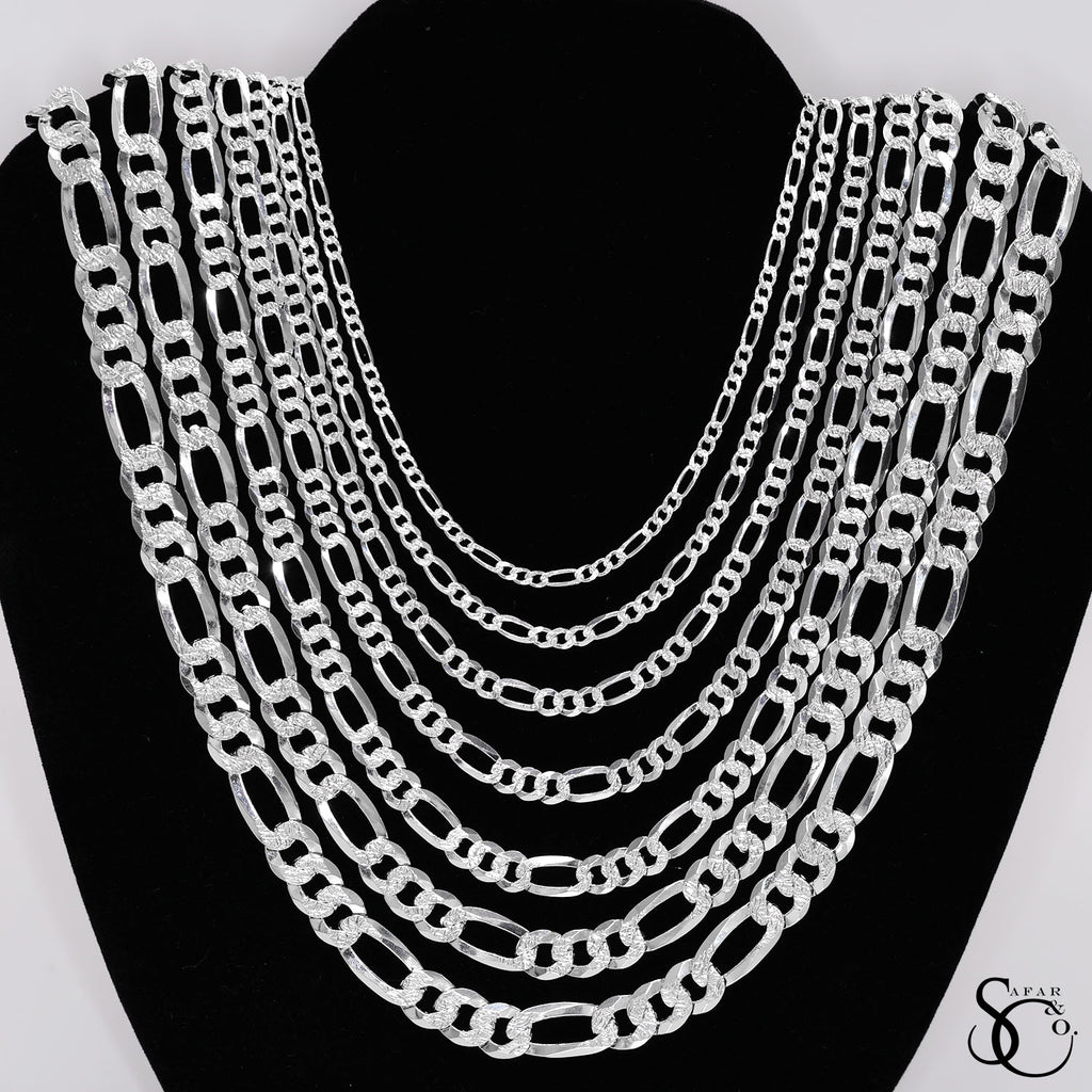 925 Sterling Silver 220 Pave Flat Figaro Chain