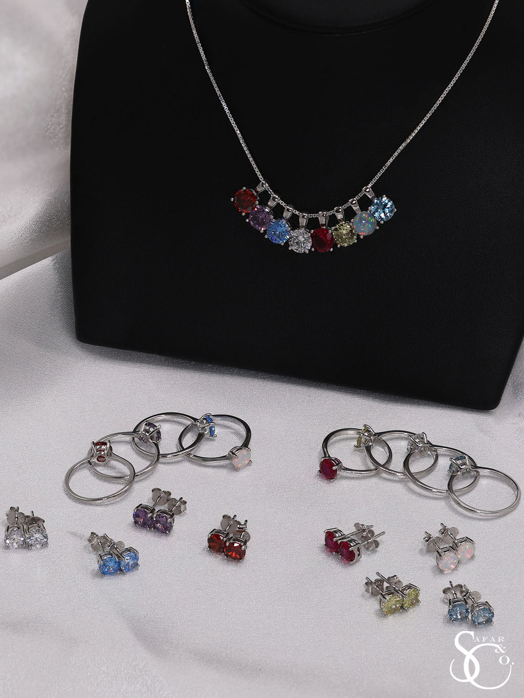 925 Sterling Silver Birthstone Pendant Earrings Ring Set