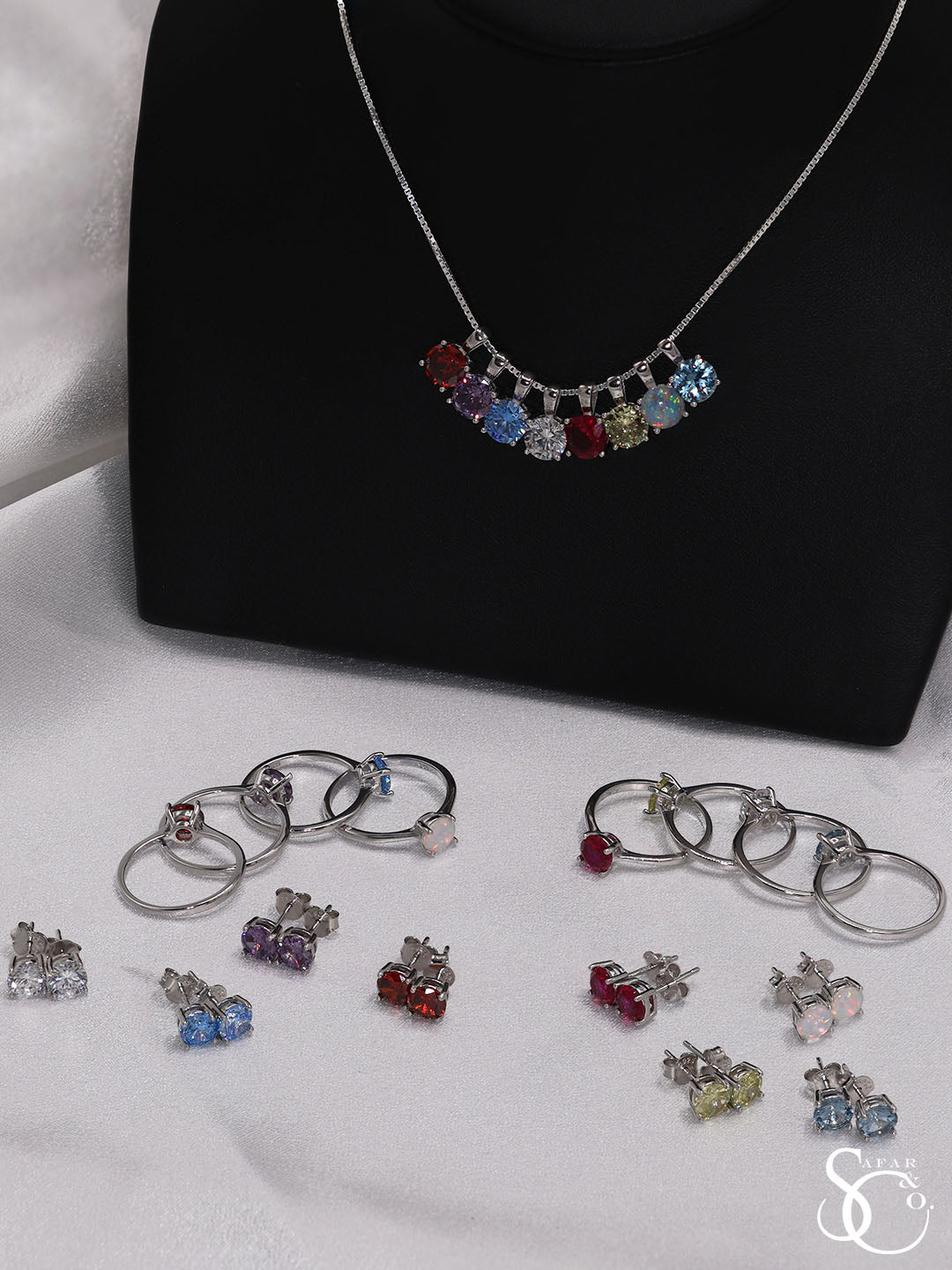 925 Sterling Silver Birthstone Pendant Earrings Ring Set