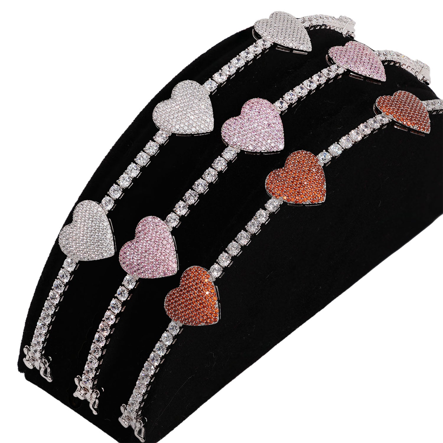 925 Sterling Silver Orange Love Heart Iced Out Cubic Zirconia Tennis Bracelet