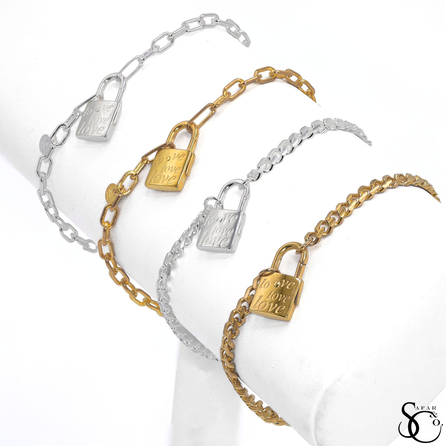 925 Sterling Silver Paperclip Love Lock Charm Bracelet