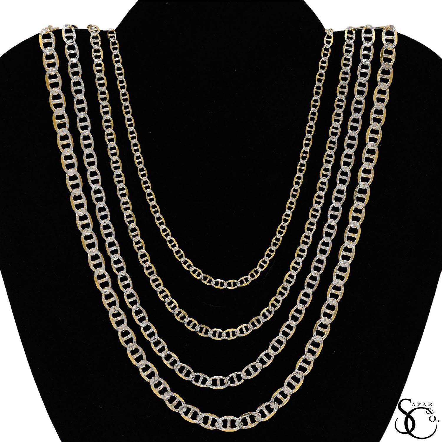 925 Sterling Silver Two Tone Gold Plated 5.3mm Flat Pave Mariner Chain