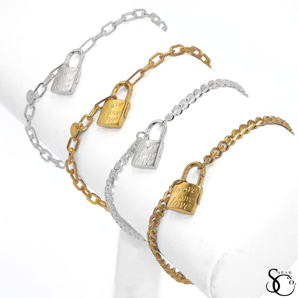925 Sterling Silver Yellow Gold Plated Cuban Curb Love Lock Charm Bracelet