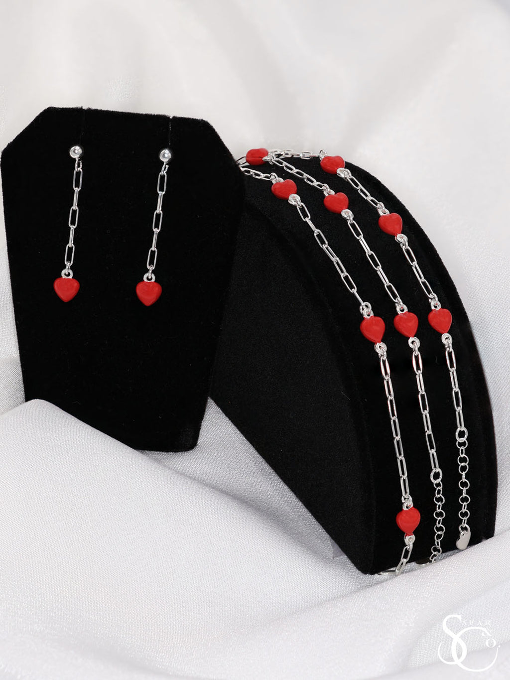 925 Sterling Silver Paper Clip Red Heart Drop Earrings Bracelet Anklet Set
