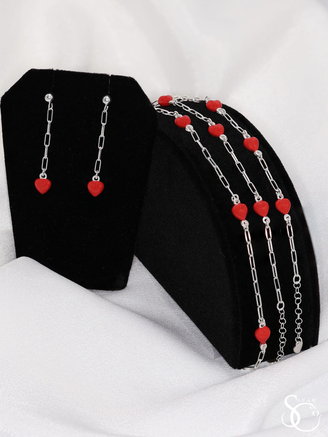925 Sterling Silver Paper Clip Red Heart Drop Earrings Bracelet Anklet Set