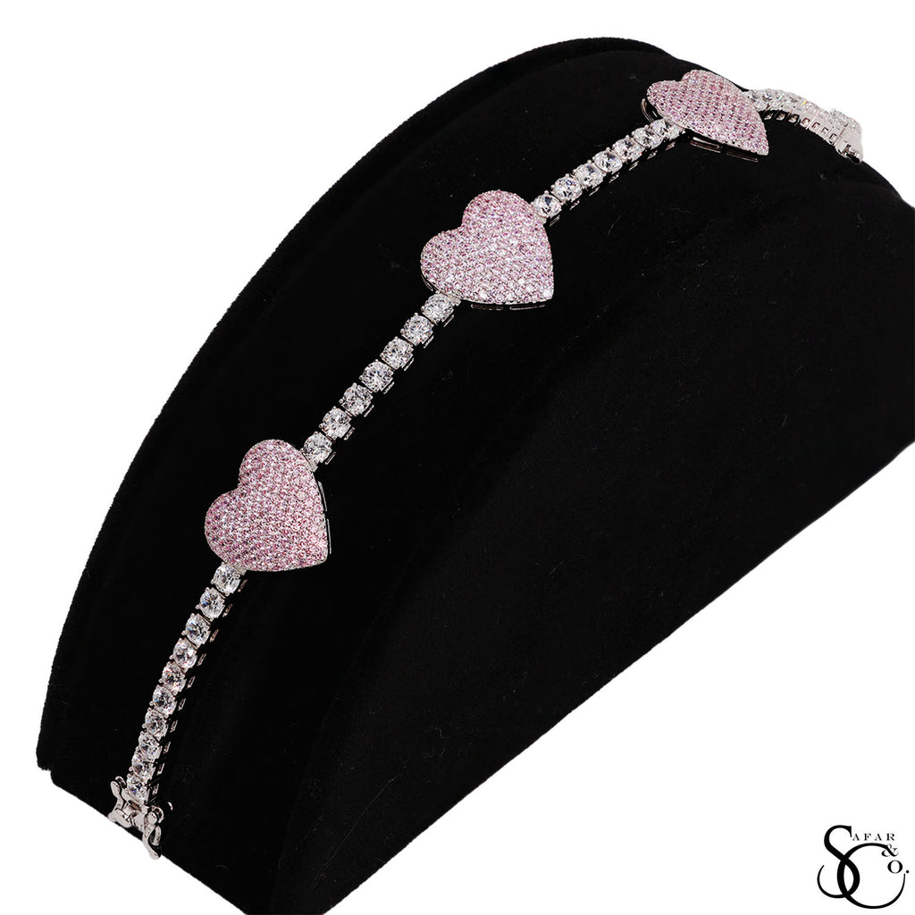 925 Sterling Silver Pink Love Heart Iced Out Cubic Zirconia Tennis Bracelet