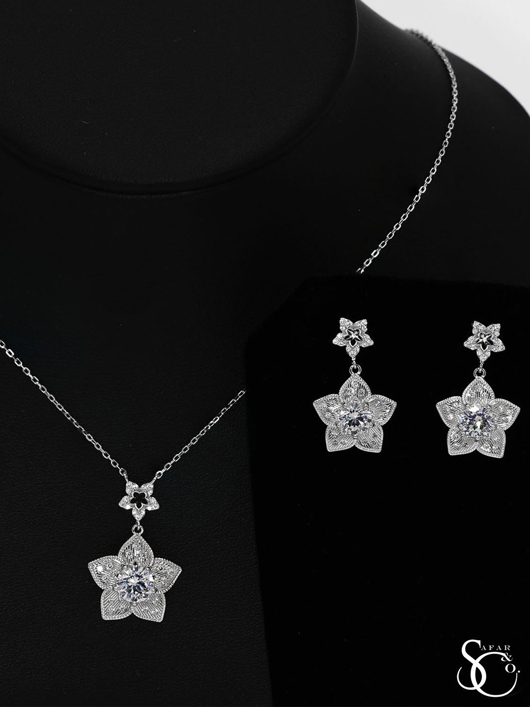 925 Sterling Silver Flower Necklace Earrings Set