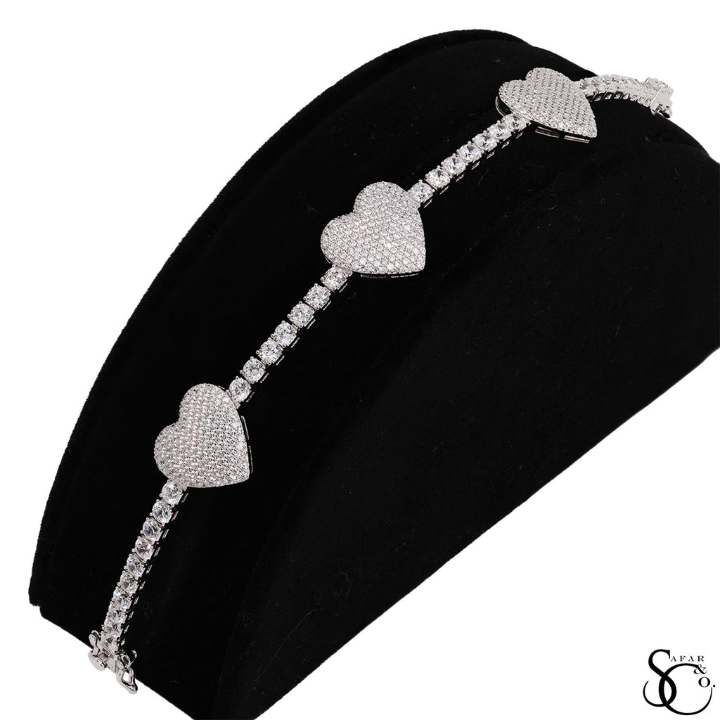 925 Sterling Silver Love Heart Iced Out Cubic Zirconia Tennis Bracelet