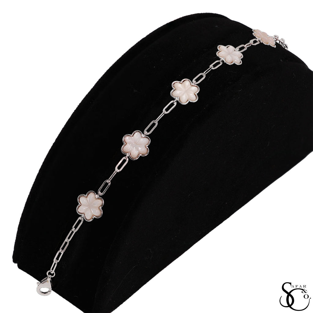 925 Sterling Silver Off White Paperclip Flower Bracelet