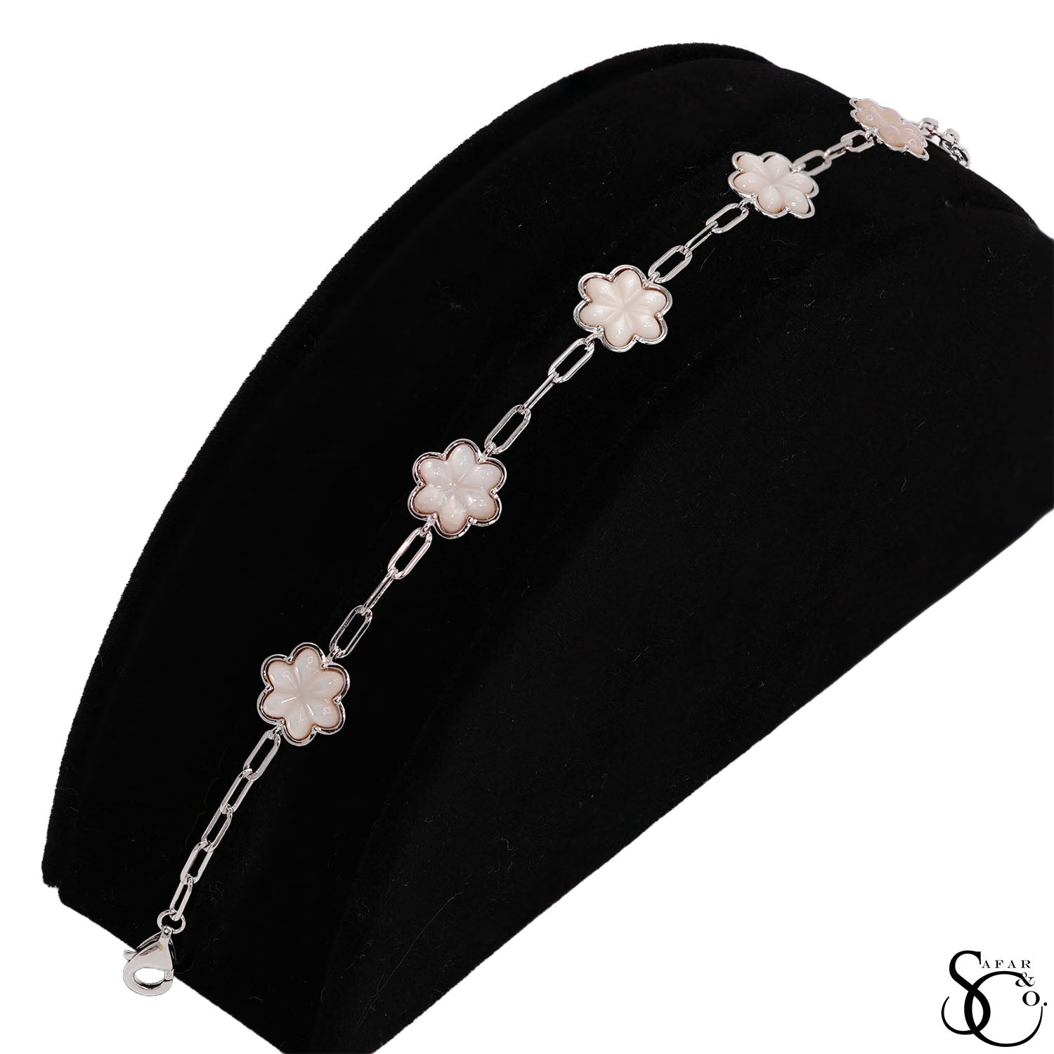 925 Sterling Silver Off White Paperclip Flower Bracelet